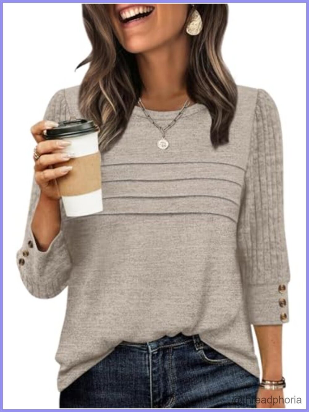 3/4 Sleeve Pleated Tunic Top Lightweight Knit Business Casual